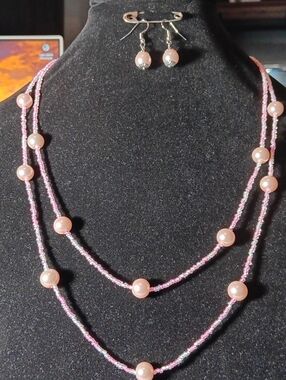 Handmade Pink Pearl Beaded Necklace & Earring Set